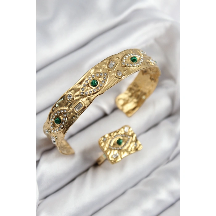 Pirinç Zirkon Taşlı Göz Model Gold Renk Bileklik Yüzük Set - Lisinya