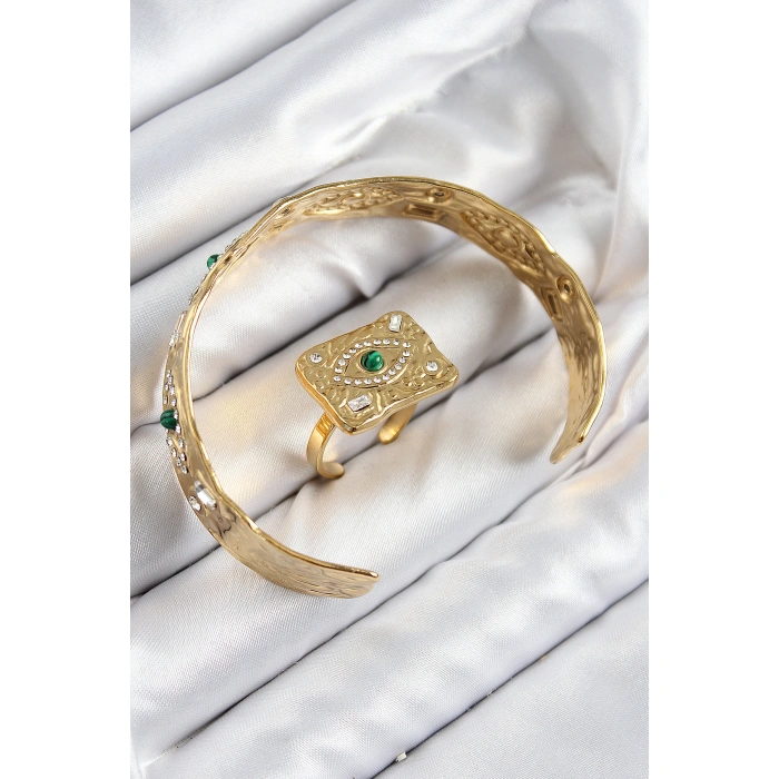 Pirinç Zirkon Taşlı Göz Model Gold Renk Bileklik Yüzük Set - Lisinya