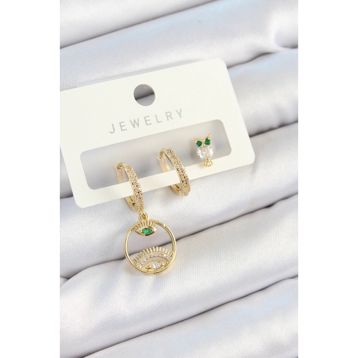 Pirinç Zirkon Taşlı Göz Ve Baykuş Model Gold Renk 3lü Çift Kadın Küpe Set - Lisinya