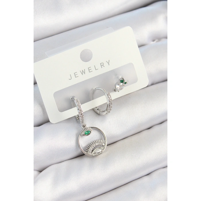 Pirinç Zirkon Taşlı Göz Ve Baykuş Model Gümüş Renk 3lü Çift Kadın Küpe Set - Lisinya