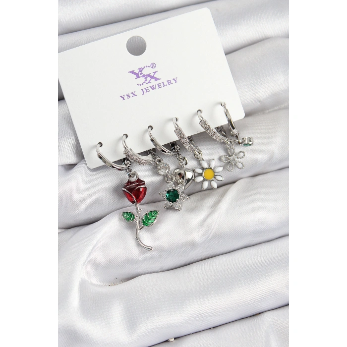 Pirinç Zİrkon Taşlı Gül Ve Papatya Model Gümüş Renk 3lü Çift Kadın Küpe - Lisinya