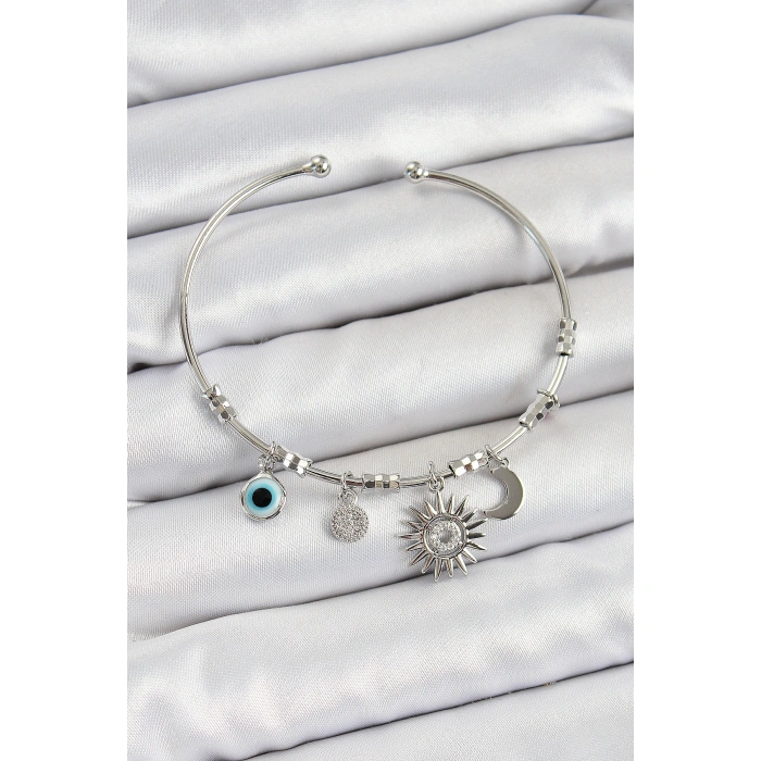 Pirinç Zirkon Taşlı Güneş Ay Ve Nazar Model Gümüş Renk Charm Bileklik - Lisinya