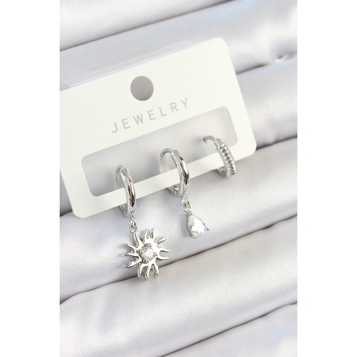 Pirinç Zirkon Taşlı Güneş Model Gümüş Renk 3lü Çift Kadın Küpe Set - Lisinya