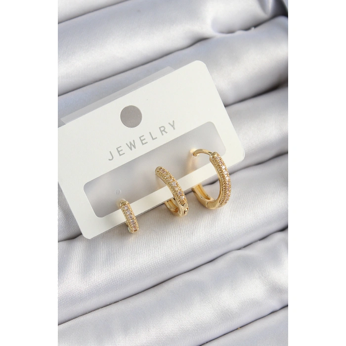 Pirinç Zirkon Taşlı Halka Model Gold Renk 3lü Çift Kadın Küpe Set - Lisinya