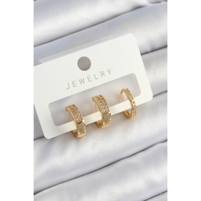 Pirinç Zirkon Taşlı Halka Model Gold Renk 3lü Çift Kadın Küpe Set - Lisinya