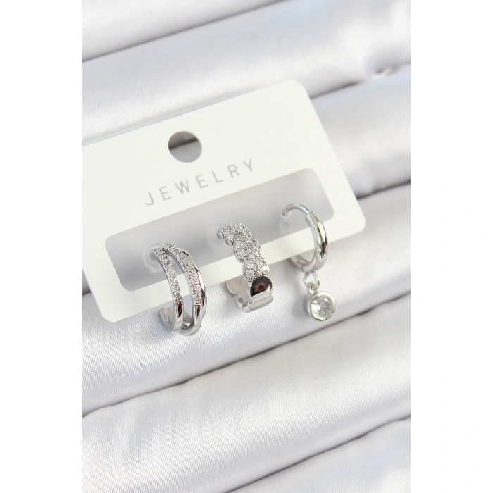 Pirinç Zirkon Taşlı Halka Model Gümüş Renk 3lü Çift Kadın Küpe Set - Lisinya