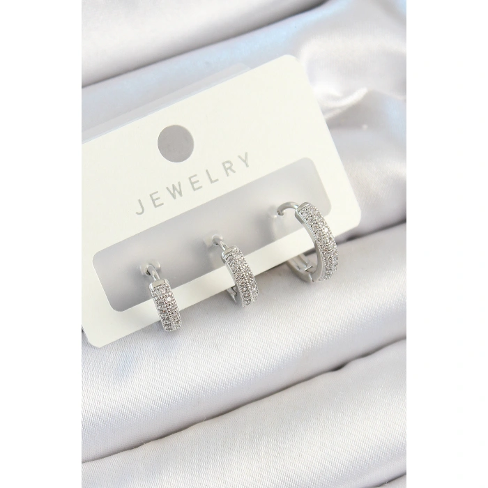 Pirinç Zirkon Taşlı Halka Model Gümüş Renk 3lü Çift Kadın Küpe Set - Lisinya