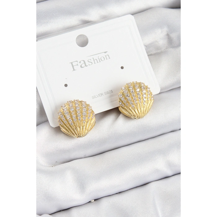 Pirinç Zirkon Taşlı İstiridye Model Gold Renk 925 Ayar Gümüş Çivi Kadın Küpe - Lisinya