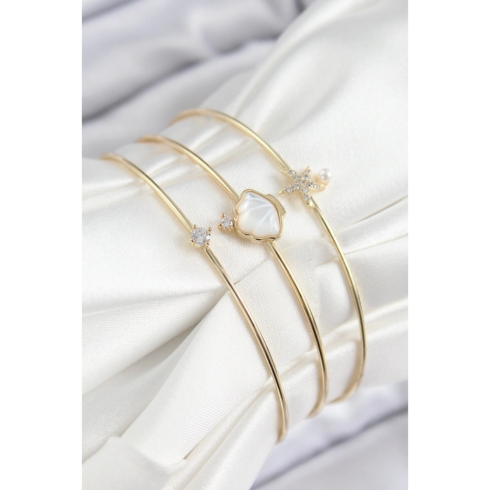 Pirinç Zirkon Taşlı İstiridye Ve Deniz Yıldızı Model Gold Renk Vip 3lü Kadın Bileklik - Lisinya