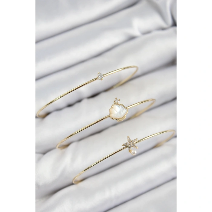 Pirinç Zirkon Taşlı İstiridye Ve Deniz Yıldızı Model Gold Renk Vip 3lü Kadın Bileklik - Lisinya