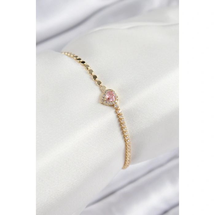 Pirinç Zirkon Taşlı Kalp Model Ezme Zincir Gold Renk Kadın Bileklik - Lisinya