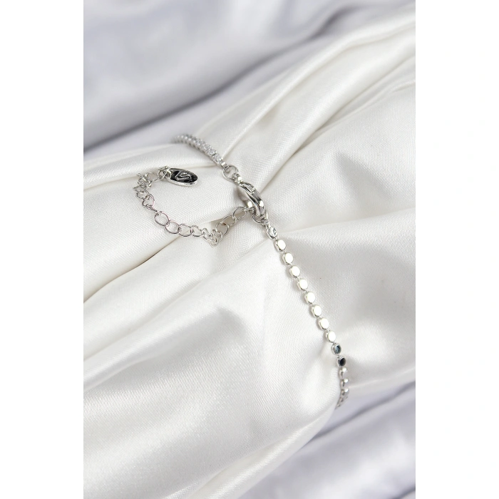 Pirinç Zirkon Taşlı Kalp Model Ezme Zincir Gümüş Renk Kadın Bileklik - Lisinya