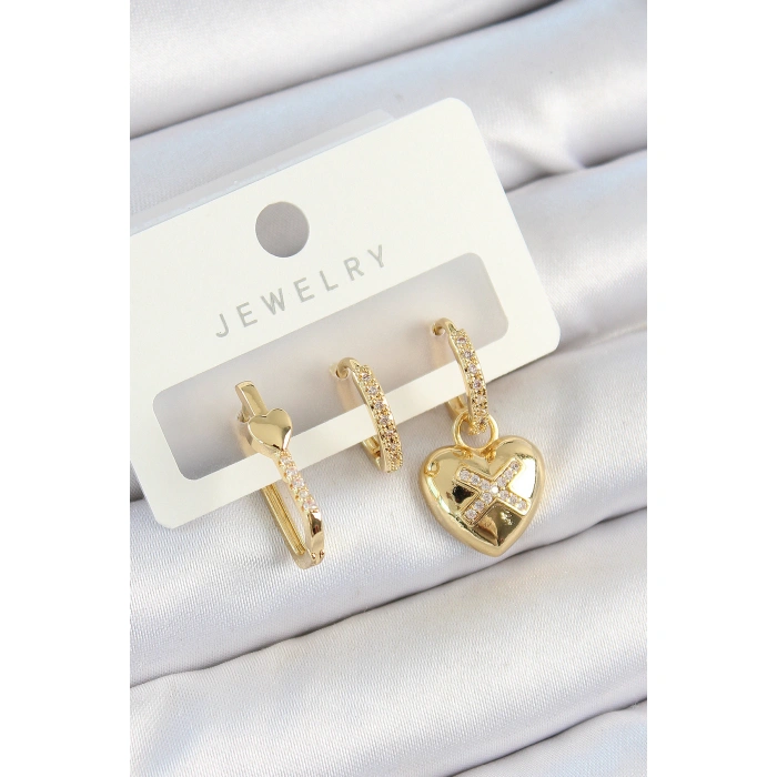 Pirinç Zirkon Taşlı Kalp Model Gold Renk 3lü Çift Kadın Küpe Set - Lisinya