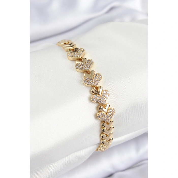 Pirinç Zirkon Taşlı Kalp Model Gold Renk Kadın Bileklik - Lisinya