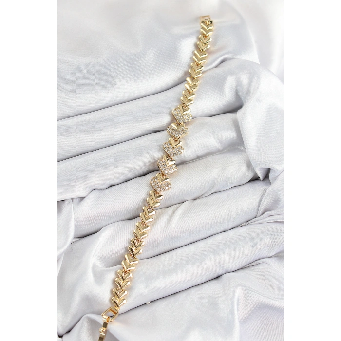 Pirinç Zirkon Taşlı Kalp Model Gold Renk Kadın Bileklik - Lisinya