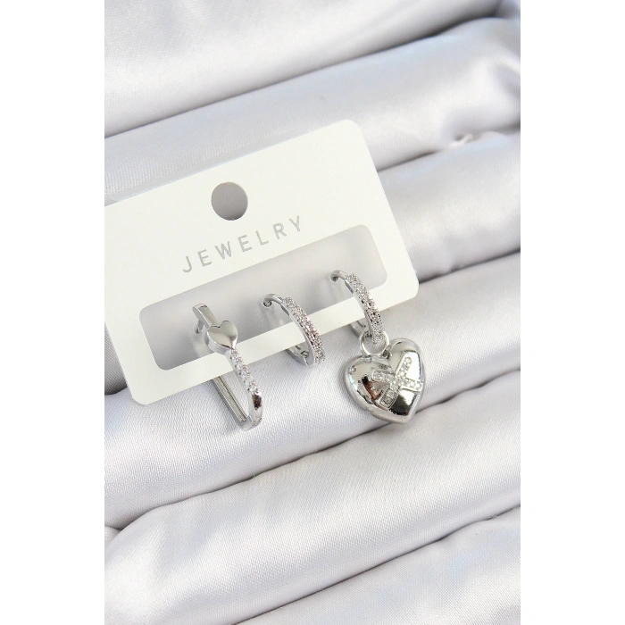 Pirinç Zirkon Taşlı Kalp Model Gümüş Renk 3lü Çift Kadın Küpe Set - Lisinya