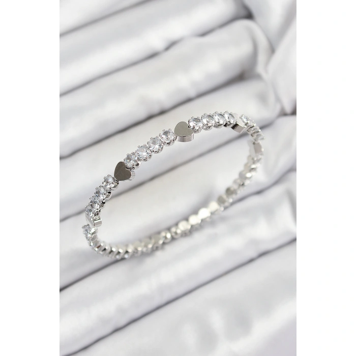 Pirinç Zirkon Taşlı Kalp Model Gümüş Renk Yaylı Kadın Bileklik - Lisinya