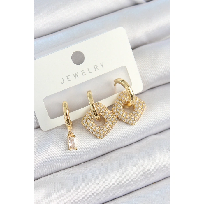 Pirinç Zirkon Taşlı Kare Model Gold Renk 3lü Çift Kadın Küpe Set - Lisinya