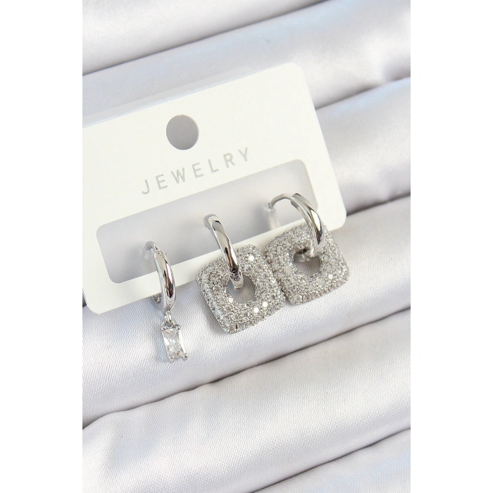 Pirinç Zirkon Taşlı Kare Model Gümüş Renk 3lü Çift Kadın Küpe Set - Lisinya