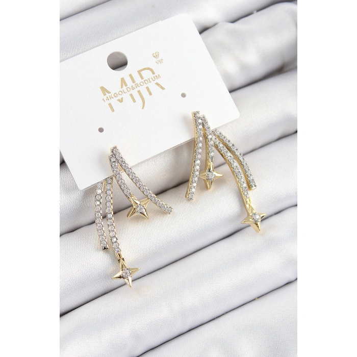 Pirinç Zirkon Taşlı Kayan Yıldız Model Gold Ve Gümüş Renk Kadın Küpe - Lisinya