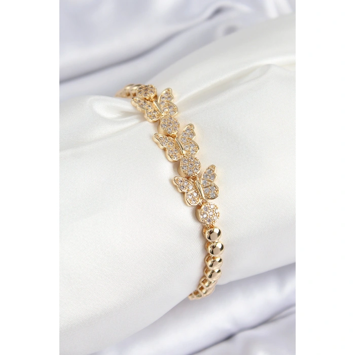 Pirinç Zirkon Taşlı Kelebek Model Gold Renk Kadın Bileklik - Lisinya