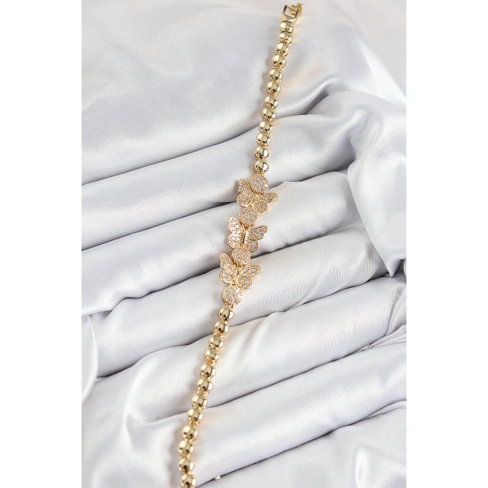 Pirinç Zirkon Taşlı Kelebek Model Gold Renk Kadın Bileklik - Lisinya