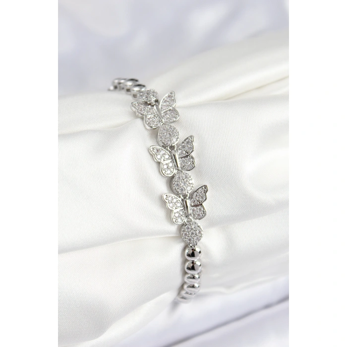 Pirinç Zirkon Taşlı Kelebek Model Gümüş Renk Kadın Bileklik - Lisinya