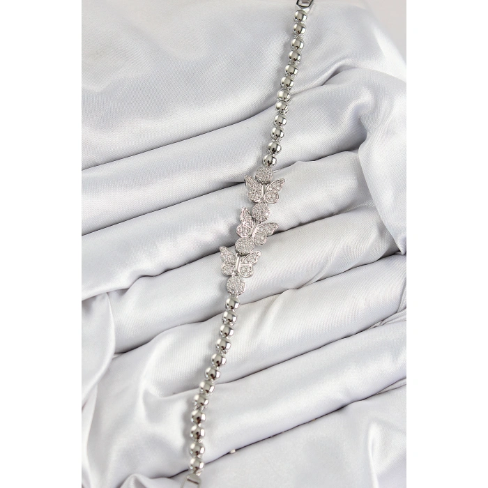 Pirinç Zirkon Taşlı Kelebek Model Gümüş Renk Kadın Bileklik - Lisinya