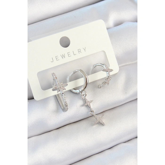 Pirinç Zirkon Taşlı Kelebek Ve Sallantılı Yıldız Model Gümüş Renk 3lü Çift Kadın Küpe Set - Lisinya