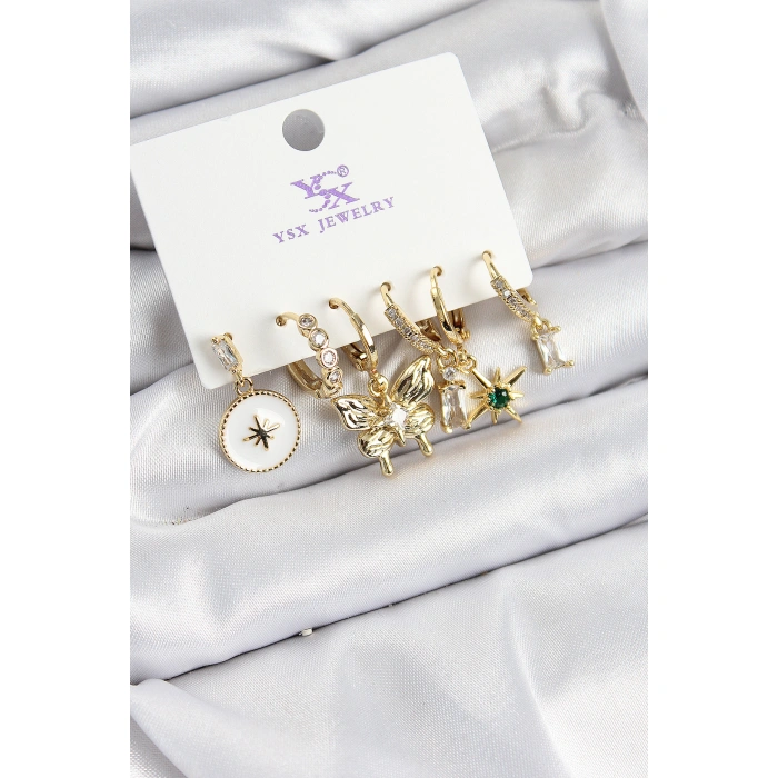 Pirinç Zİrkon Taşlı Kelebek ve Yıldız Model Gold Renk 3lü Çift Kadın Küpe - Lisinya
