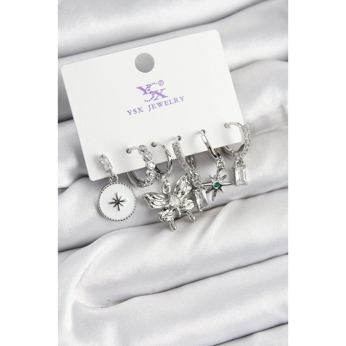 Pirinç Zİrkon Taşlı Kelebek ve Yıldız Model Gümüş Renk 3lü Çift Kadın Küpe - Lisinya