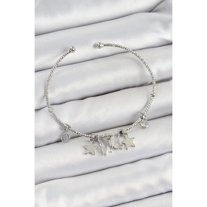 Pirinç Zirkon Taşlı Kelebek Ve Yıldız Model Gümüş Renk Charm Bileklik - Lisinya