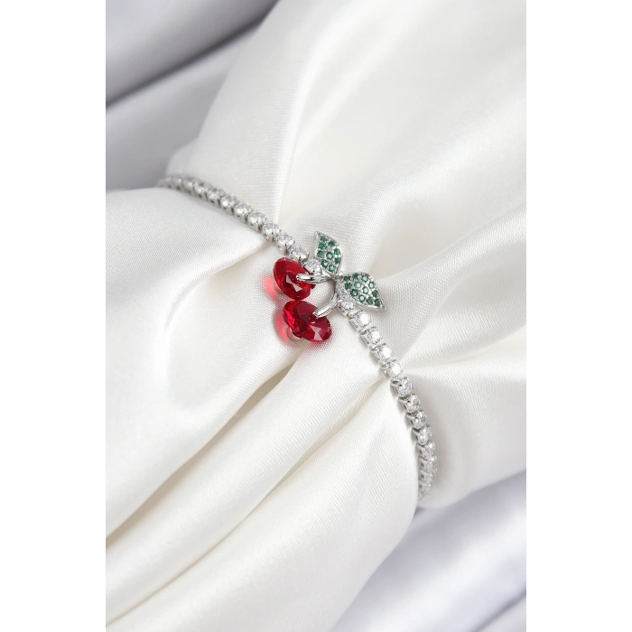 Pirinç Zirkon Taşlı Kiraz Model Gümüş Renk Asansörlü Kadın Bileklik - Lisinya