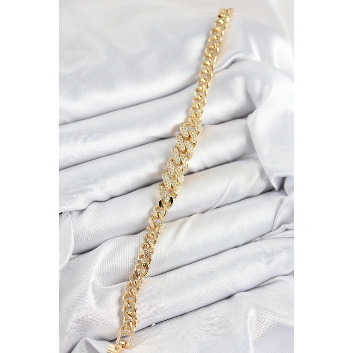 Pirinç Zirkon Taşlı Küba Zincir Model Gold Renk Kadın Bileklik - Lisinya