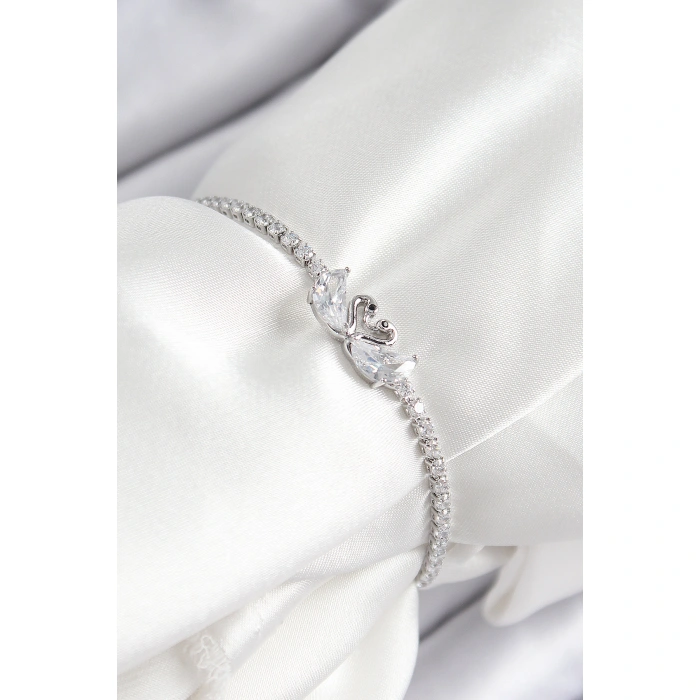 Pirinç Zirkon Taşlı Kuğu Model Gümüş Renk Asansörlü Kadın Bileklik - Lisinya