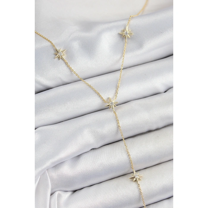 Pirinç Zirkon Taşlı Kutup Yıldız Figürlü Y Model Gold Renk Kadın Kolye - Lisinya