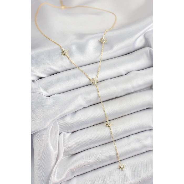 Pirinç Zirkon Taşlı Kutup Yıldız Figürlü Y Model Gold Renk Kadın Kolye - Lisinya