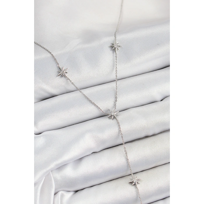 Pirinç Zirkon Taşlı Kutup Yıldız Figürlü Y Model Gümüş Renk Kadın Kolye - Lisinya