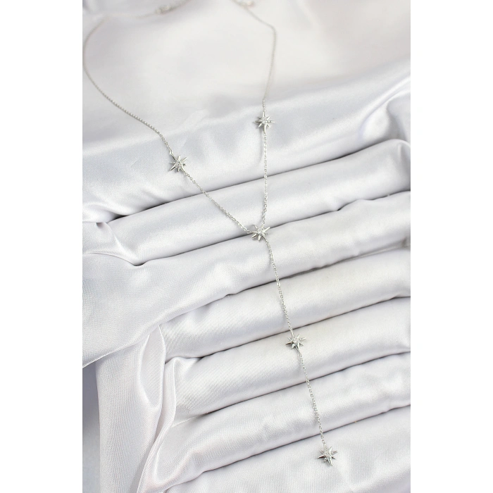 Pirinç Zirkon Taşlı Kutup Yıldız Figürlü Y Model Gümüş Renk Kadın Kolye - Lisinya