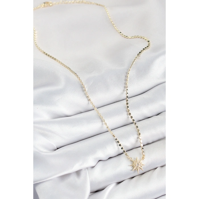 Pirinç Zirkon Taşlı Kutup Yıldızı Model Ezme Zincir Gold Renk Kadın Kolye - Lisinya