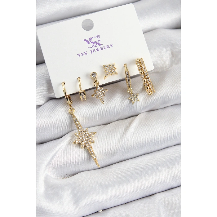 Pirinç Zİrkon Taşlı Kutup Yıldızı Model Gold Renk 3lü Çift Kadın Küpe - Lisinya