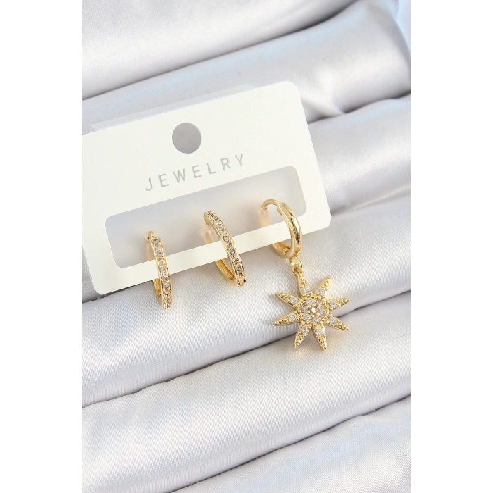 Pirinç Zirkon Taşlı Kutup Yıldızı Model Gold Renk 3lü Çift Kadın Küpe Set - Lisinya