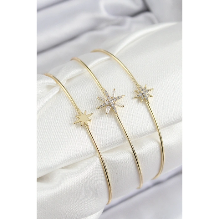 Pirinç Zirkon Taşlı Kutup Yıldızı Model Gold Renk Vip 3lü Kadın Bileklik - Lisinya