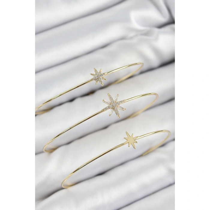 Pirinç Zirkon Taşlı Kutup Yıldızı Model Gold Renk Vip 3lü Kadın Bileklik - Lisinya