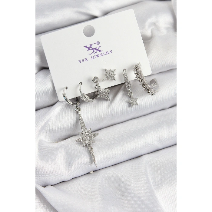 Pirinç Zİrkon Taşlı Kutup Yıldızı Model Gümüş Renk 3lü Çift Kadın Küpe - Lisinya