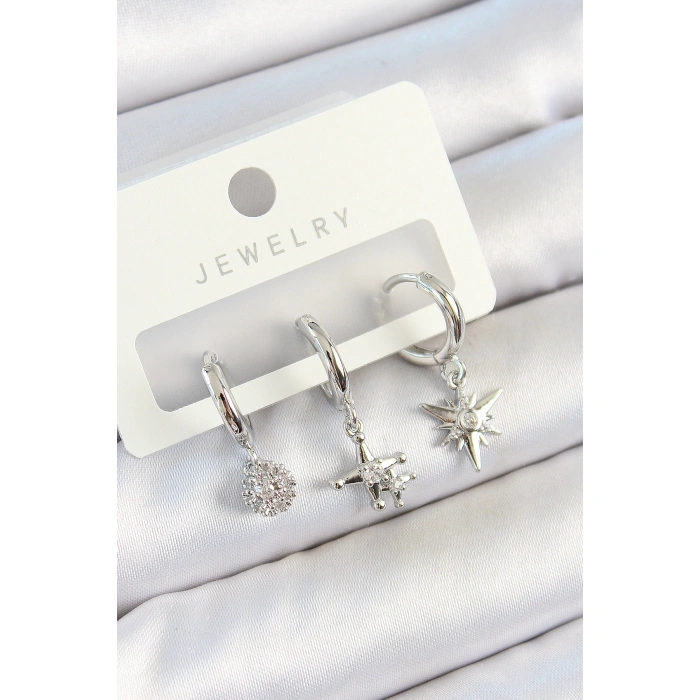 Pirinç Zirkon Taşlı Kutup Yıldızı Model Gümüş Renk 3lü Çift Kadın Küpe Set - Lisinya