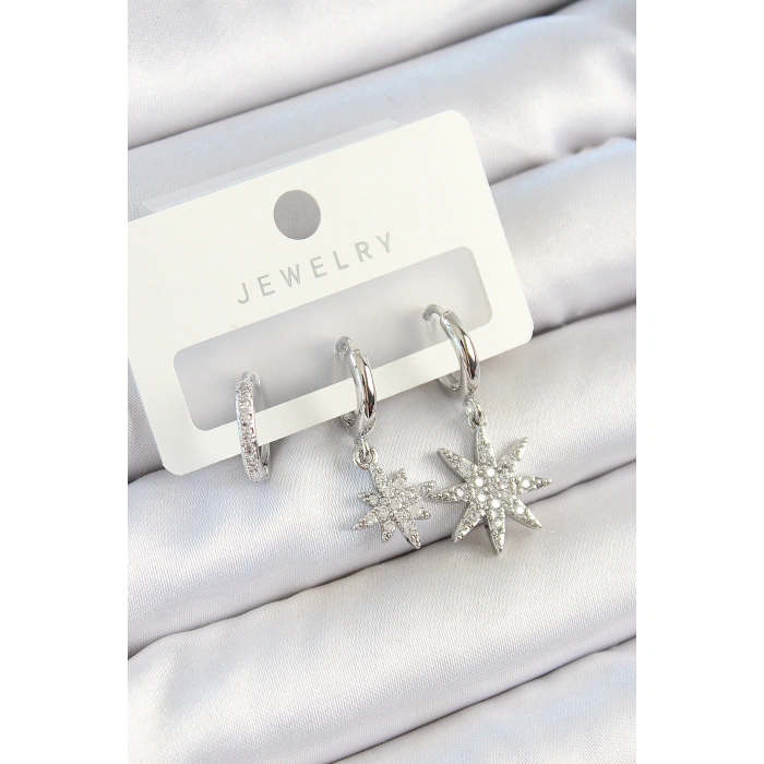 Pirinç Zirkon Taşlı Kutup Yıldızı Model Gümüş Renk 3lü Çift Kadın Küpe Set - Lisinya