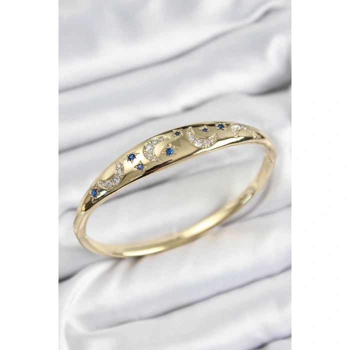 Pirinç Zirkon Taşlı Kutup Yıldızı Ve Hilal Model Gold Renk Kadın Kelepçe - Lisinya