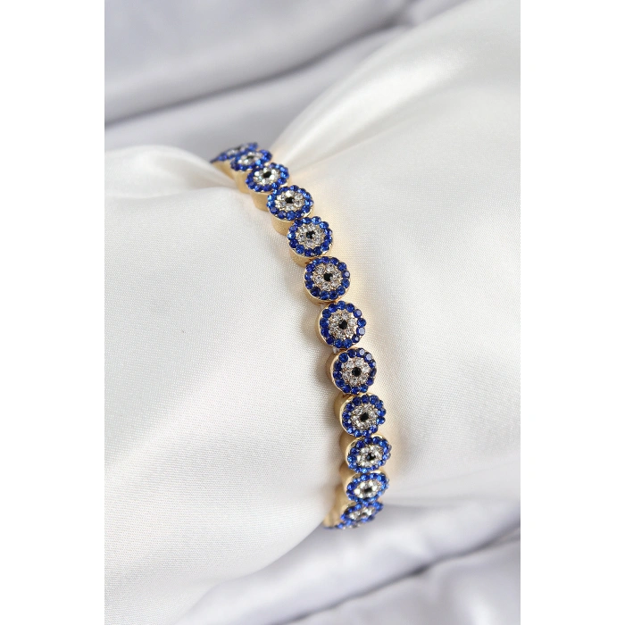 Pirinç Zirkon Taşlı Lacivert Nazar Model Gold Renk Lastikli Kadın Bileklik - Lisinya