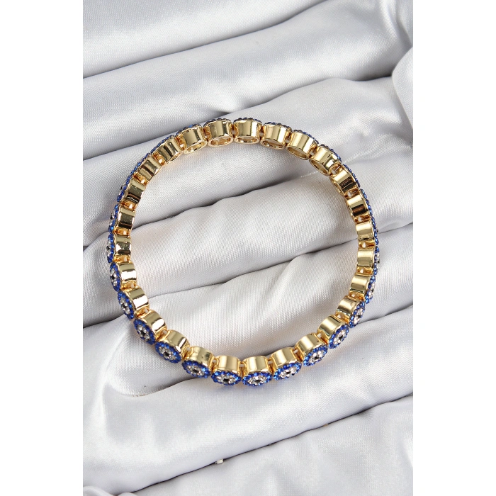 Pirinç Zirkon Taşlı Lacivert Nazar Model Gold Renk Lastikli Kadın Bileklik - Lisinya